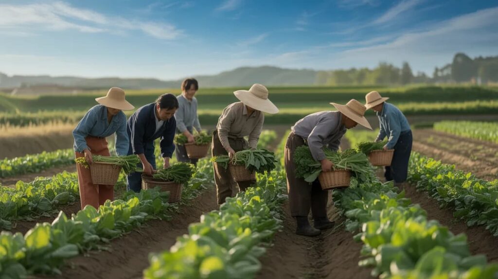 日本の農業分野で働く特定技能外国人が野菜を収穫している様子