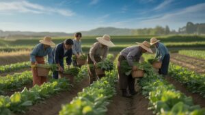 日本の農業分野で働く特定技能外国人が野菜を収穫している様子