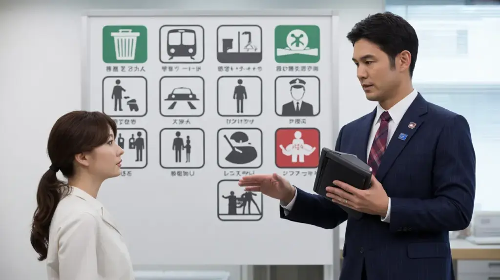 特定技能外国人に対して日本の生活ルールやマナーを説明する生活オリエンテーションのイメージ